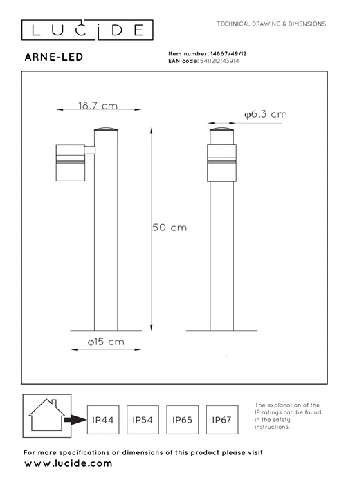 Lucide ARNE-LED - Pollerleuchte - Ø 6,3 cm - LED - GU10 - 1x5W 2700K - IP44 - Chrom Matt - technisch